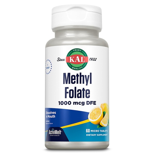 [BRSWKHY4OQIAO3TV] KAL Methyl Folate 1000 mcg - 5-MTHF Active Form, Folic Acid Supplement for Women and Men, Heart Health, Prenatal, Brain Support for Adults, Vegetarian, Natural Lemon ActivMelt - 60 Micro Tablets