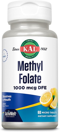 [BRSWKHY4OQIAO3TV] KAL Metil Folate 1000 mcg, 5-MTHF Active Form, Folic Acid Supliment, Heart Health, Prenatal, Mood and Brain Support, Vegetarian, Natural Lemon ActivMelt, 60-Day Guarantee, 60 Serv, 60 Micro Tablete