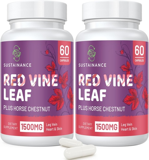 [BRSRO2YFBB7WECDL] Red Vine Leaf Extract 1400mg & Horse Chestnut Extract 100mg Supplement for Leg, Vein, Circulation, Heart, Skin (60 Capsules - 2 Bottles)