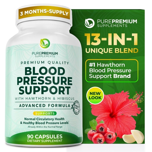 [BRSWG2YYAB6G233U] PurePremium Blood Pressure Supplements with Hawthorn Berry, Hibiscus, Garlic & Vitamin B12- Nitric Oxide Supplement for Normal Heart Health, Circulation Health & Blood Pressure Support - 90ct