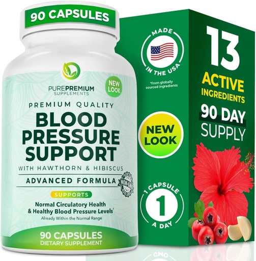 [BRSWG2YYAB6G233U] Suppléments de pression artérielle PurePremium avec Berry Hawthorn, Hibiscus, Ail et Vitamine B12- Supplément d'oxyde nitrique pour la santé cardiaque normale, la circulation Santé et soutien de la pression artérielle - 90ct