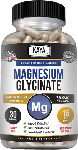 [BRSRAYYCDIBWCCLD] Kaya Naturals Magnesium Glycinate 183mg per Caps, Chelated for Maximum Absorption, Non-GMO, NO Gluten Dairy & Soy, Supports Muscle and Heart Health 30 Count