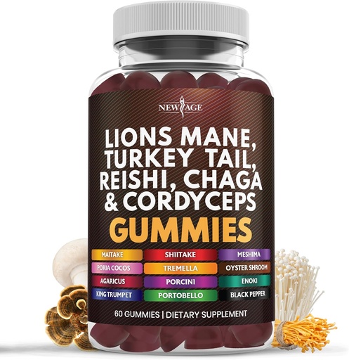 [BRSRAGIOOQFAODTX] NEW AGE Mushroom Lion's Mane Supplement Gummies - Mushroom Supplement with Reishi, Cordyceps - 60 Count