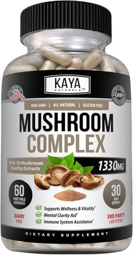 [BRSRMEIKPMPRUE34] Kaya Naturals Premium Mushroom Complex Potent - Mushroom Complex Capsules 1330mg Per Serving - Aids Mental Clarity Supports Immune System, Wellness & Vitality - 60 Count