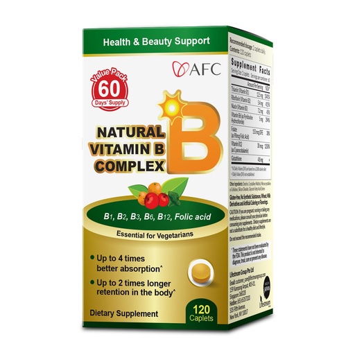 [BRSWG2T7A54GKFDP] AFC Japan Natural Vitamin B Complex with B1, B2, B3, B6, B12, Folic Acid & Glutathione Yeast Extract, No Synthetics, Non-GMO, Supplement for Stress, Energy, Immune & Nervous System,120 Vegan Caplets