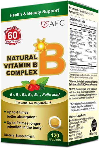 [BRSWG2T7A54GKFDP] AFC Japan Natural Vitamin B Complex with B1, B2, B3, B6, B12, Folic Acid " Glutathione Yeast Extract, No Synthetics, Non-GMO, supplement for Stress, Energy, Immune " Nervous System,120 Vegan Caplets