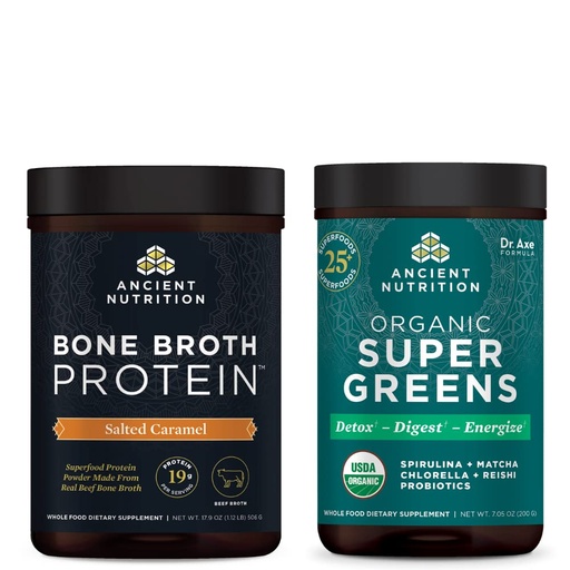 [BRSRMEAQOYMAGFI3] Ancient Nutrition Bone Broth Protein Powder, Salted Caramel, 20 Servings + Organic Supergreens Powder, Greens Flavor, 25 Servings