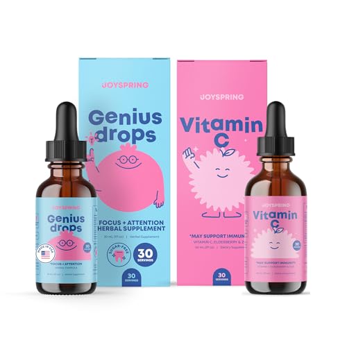 [BRSWYAQOO4JQEAD7] JoySpring Genius Drops & Vitamin C - School Backup Bundle | Kids Vitamins Naturally Sourced, Non-GMO, Non-Alcoholic Liquid Formula, Immunity Health Support | Vegan & Vegetarian Supplement Drops