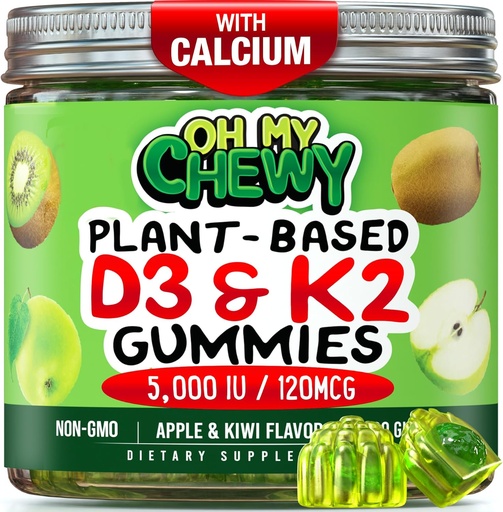 [BRSROCA3DEHAMAY7] Center-Filled Vitamin D3 K2 Gummies - Kids, Teens & Adults - Supplement for Healthy Teeth, Bone, Energy & Immunity - 5000 IU D3, 120 mcg K2(MK-7), 120 mg Calcium - Vegan & Non-GMO - 60 Count