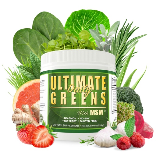 [BRSWIYQCBB5GCCA3] Daily Health, Ultimate Greens with MSM Powder, Vegan Friendly Natural Ingredients Gluten Soy Free NO GMO Superfood Vegetable Nutritional Drink Alkalizing Energy 8oz 1 Pack (1 Month Supply)