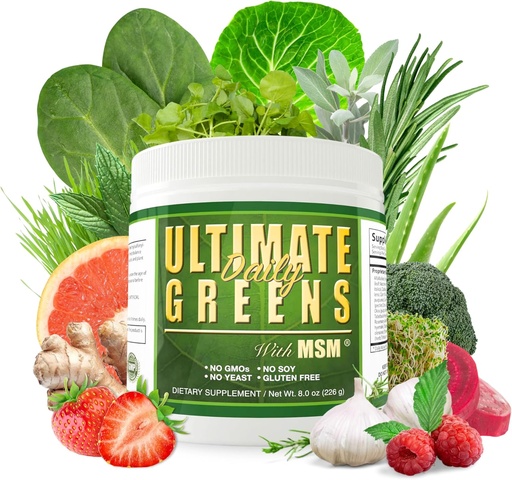[BRSWIYQCBB5GCCA3] Dnevno zdravje, Ultimate Greens z MSM Powder, Vegan prijazno naravne sestavine Gluten Soy Free NO GSO Superfood Zelenjava Nutritional Drink Alkalising Energy 8oz 1 Pack (1 mesec dobave)