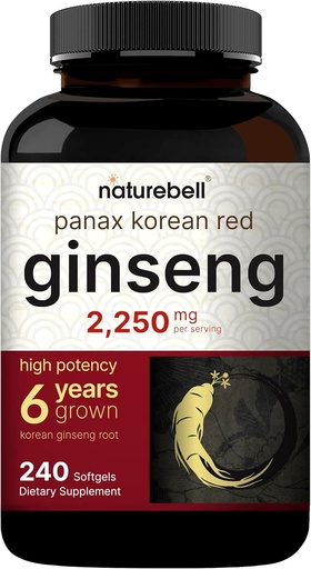 [BRSWGHY5CR5AKHLJ] NatureBell Korean Red Ginseng 2,250mg Per 서빙, 240 Softgels | Panax Ginseng Root, 10% Ginsenosides, Non-GMO, 지원 에너지, 남성 성능, & 면역 체계 표준화