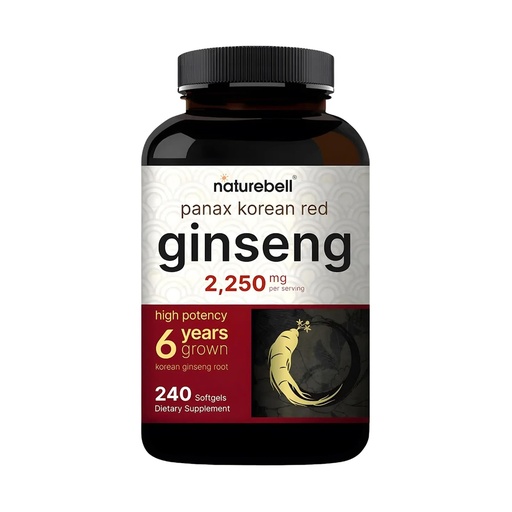 [BRSWGHY5CR5AKHLJ] NatureBell Panax Korean Red Ginseng - Long-Lasting Supply of 240 Softgels - 2,250mg Six-Year-Old Red Panax Ginseng Root Extract - Energy & Immune Support* - Standardized 10% Ginsenosides