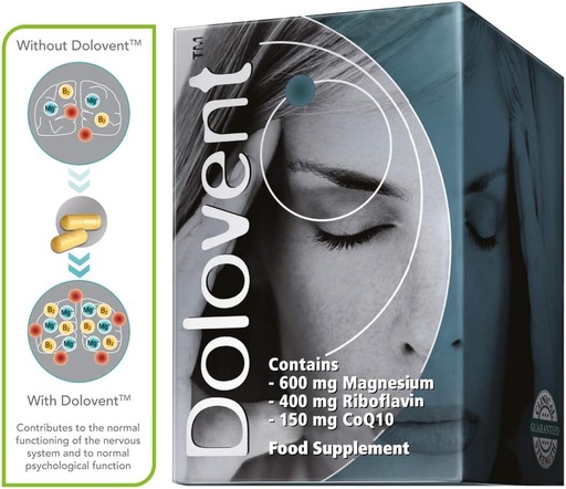[BRSWKHYPAFYBA2LE] Dolovent - Natural Migreeni Relief magnesiumia Migreenit, B2-vitamiini 400 mg, CoQ10 - Ruokavalion täydentää aivojen terveyttä - 1 pullo