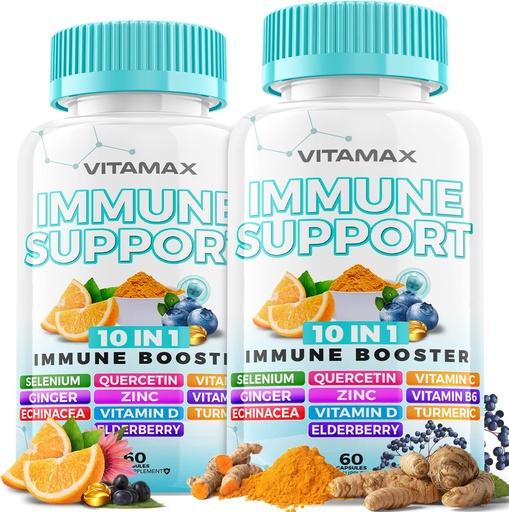 [BRSRMYD4CR4GGGTO] 10 -in- 1 Imune Dukungan dengan Elderberry, D3, Selenium, Quercetin, Zinc, Vitamin C, Ginger, Turmeric Curcumin, B6, Echinacea - Pertahanan Immune - Dibuat di AS (60 Count (Paket 2)