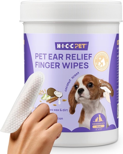 [BRSROHAKOFYGKHY6] HICC PET Ear Clean Finger Wipes for Dogs & Cats, Vet- Tavsiye Edilmiş Köpek Kulak Enfeksiyonu Tedavisine Yardım Etmek ve İnflammasyon, Pencereleri Kaldırın ve Kokuyu Durdurun, Non-Irritating, 50ct(Coconut Scent)