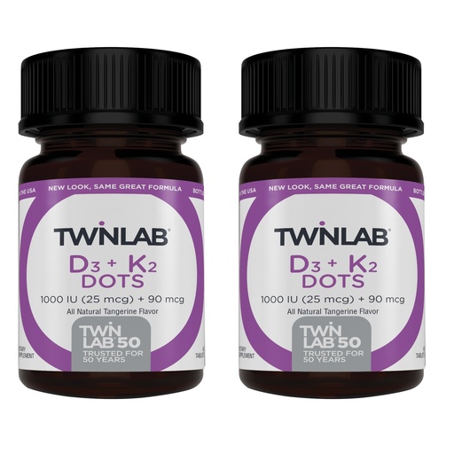 [BRSRMHTYCEIBQ33U] Twinlab Vitamin D3 1000 + K2 Dots - Bone & Heart Health - Immune Support - 25 mcg, 60 Tablets (1000 IU) (2 Pack)