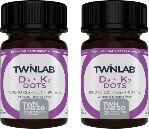 [BRSRMHTYCEIBQ33U] Twinlab Vitamine D3 1000 + K2 Points - Bone & Heart Health - Immune Support - 25 mcg, 60 comprimés (1000 UI) (2 Pack)