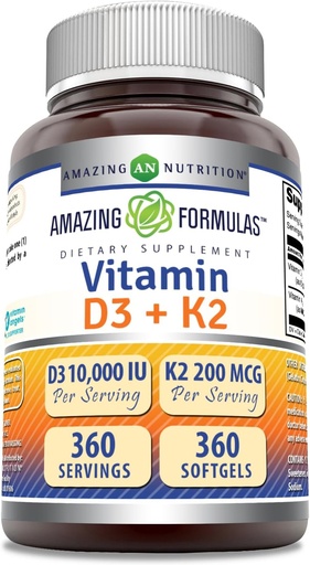 [BRSRAAT2A5YQ4YDO] Amazing Formulas Vitamin D3 10000 IU with Vitamin K2 200 Mcg | D3 + K2 Complex Supplement | Non-GMO | Gluten-Free | Made in USA (1 Pack, 360 Count)
