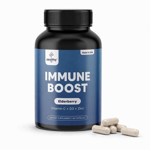 [BRSWY2TRC4AWCAA7] Immune Support Capsules for Adults with Elderberry, Vitamin C, Vitamin D3 & Zinc – Daily Immune Defense Supplement | Zealthy Life | 60 Capsules