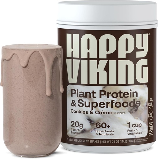[BRSROEA7C4CWM2T4] Happy Viking Cookies and Cream Plant Protein Powder, Created by Venus Williams, 20G Protein, Low Carb, Keto, Vegan, Gluten-Free, Non-GMO, Superfoods, Complete Meal Replacement, 1 Canister