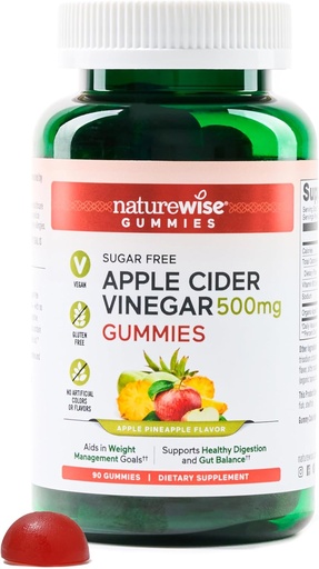 [BRSRA2Y3A4IAKG33] NatureWise Apple Cidru Otegar ACV Gummies - 1000mg ACV per 2, Sugar Free, Vegan - Energy & Gut Health - ACV Gummies W/Vitamin B12-90 Gummies[1,5-Month Supply for 1000mg / 3-Month Supply for 500mg]
