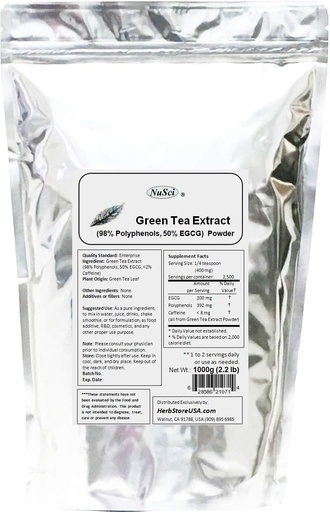 [BRSWIZT4CAIQODDA] Green Tea Extract Bulk Powder Standardized 98% Polyphenols and 50% EGCG GMO Free Non-Irradiated (1000 gram (2.2 lb))