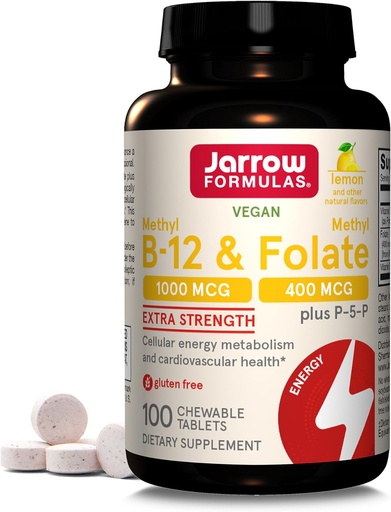 [BRSWKGYDCF6AEFA7] Jarow Formulas Methyl B-12 1000 MCG και methyl folate 400 MCG, Extra Strength, Cellular Energy Μεταβολισμός και Cardiaγγειακή Φόρμουλα Υγείας(1) Με P-5- P, 100 Μασώμενα Δισκία, Μέχρι 100 ημέρες προσφοράς