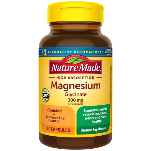 [BRSRA2YECV5A2E34] Nature Made High Absorption Magnesium Glycinate 300mg per 3 Capsules, Magnesium Supplement for Muscle, Heart, Nerve and Bone Support, 90 Magnesium Bisglycinate Capsules, 30 Day Supply
