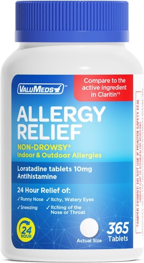 [BRSWYAT2CIIA4CTO] ValuMeds Loratadine 10mg Non-Drowsy 24-Hour Allergy Relief Indoor & Outdoor | All-Day Antihistamine Alergy/Sinus Pills for Runny Nose, Sneezing, Itchy, Watery Eyes | Compare to Claritin | 365 Tablets
