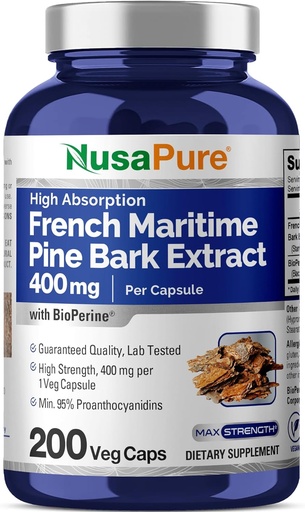 [BRSWGFQ6PICWKE3J] NusaPure French Maritime Pine Bark Extract 400mg per Veggie Caps 200- Day Supply Bioperine Non-GMO Vegan