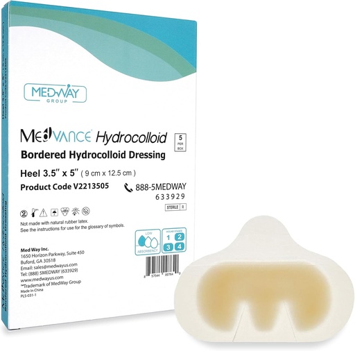 [BRSWGEL4OYHQ4CLP] MedVance Hydrocolloid – Bordered Hydrocolloid Adhesive Dressing, Heel/Elbow, 3.5"x5", Box of 5 dressings