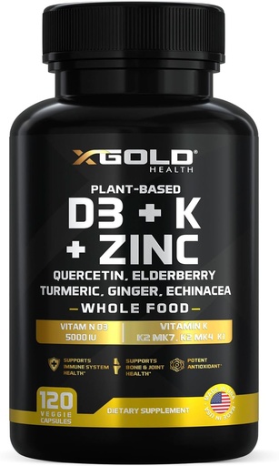 [BRSW2HAKB5YQO3DF] D bitamina, K2, K1, Zinc, Quercetin, Elderberry, Turmeric, Ginger & Echinacea Whole Food Supplement 8 in 1-D3 5000 IU Landare-Based from Lichen, bitamina K (K2 MK7, MK4, K1), D3 K2 bitaminak -120 kapsulak