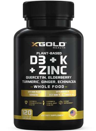 [BRSW2HAKB5YQO3DF] Vitamin D, K2, K1, Zinc, Quercetin, Elderberry, Turmeric, Ginger & Echinacea Whole Food Supplement 8 in 1- D3 5000 IU Plant-Based from Lichen, Vitamin K (K2 MK7, MK4, K1), D3 K2 Vitamins -120 Capsules