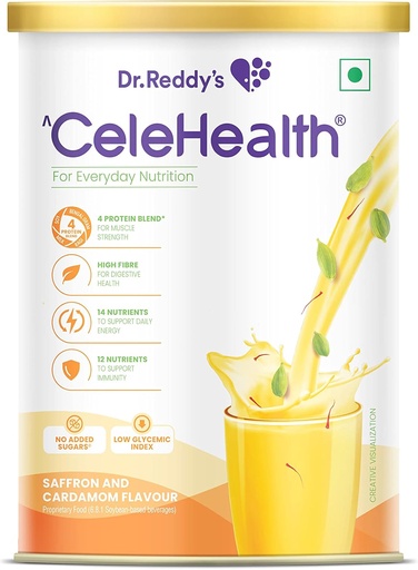 [BRSW2HD2CR5RG3I2] Dr. Reddy’s Celehealth Nutritional Drink, Protein Supplement for Daily Use, Low Glycemic Index, Zero Added Sugar, Saffron and Cardamon Flavour, 400g,Yellow