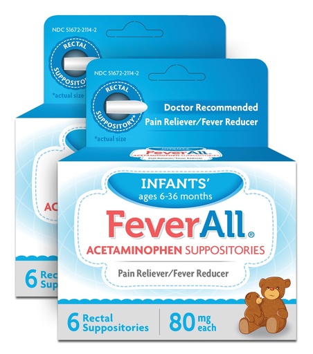 [BRSWKGYIBJ5QEFD6] Feverall Infant Acetaminophen Suppositories 6 Rectal Suppositories 80mg Each Pain Reliever/Fever Reducer. Paraben Free, No Artificial Colors or Other preservatives. Ages 6-36 Months (Pack of 2)