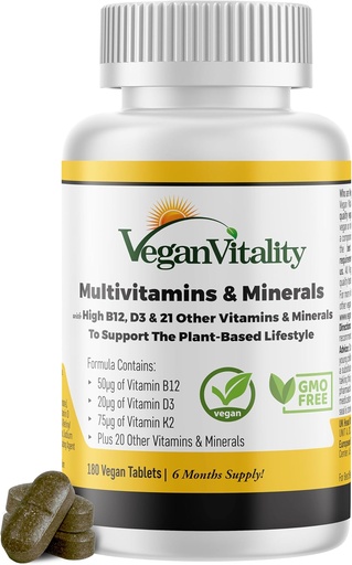 [BRSWGHYCOYFRMHTD] Vegan Vitality Multivitamins & Minerals for Women and Men with High Strength Vitamin B12, D3 & K2. 180 Vegan Multivitamin Tablets - 6 Months Supply. Vitamins for Vegans & Vegetarians
