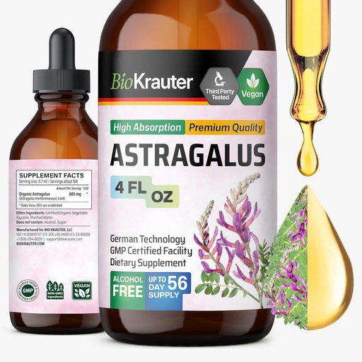 [BRSROGAYC5YRYDYZ] BIO KRAUTER Astragalus Tinktúra - Astragalus gyökérkivonat immuntámogatásra - Alkohol és cukor mentes - magas abszorpció - Vegán cseppek 4 Fl.Oz.