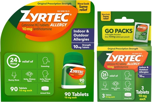 [BRSRAYYTOIIBACLL] Zyrtec 24 Hour Allergy Relief Tablets, Indoor & Outdoor Allergy Medicine with 10 mg Cetirizine Hydrochloride Antihistamine, Value Bundle of one, 90 ct Bottle & Three, 1 ct Travel Packs