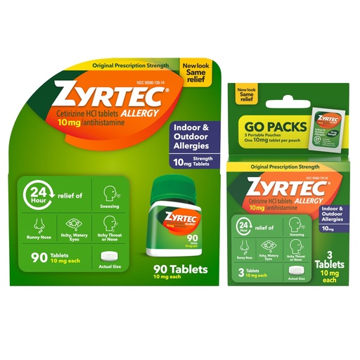[BRSRAYYTOIIBACLL] Zyrtec 24 Hour Allergy Relief Tablets, Indoor & Outdoor Allergy Medicine with 10 mg Cetirizine Hydrochloride Antihistamine, Value Bundle of one, 90 ct Bottle & Three, 1 ct Travel Packs
