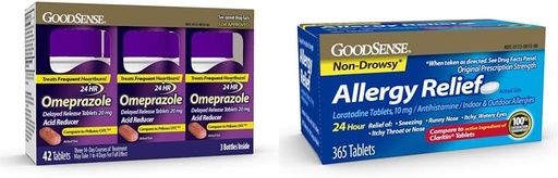 [BRSRAYYYB4FGMA3P] GoodSense Omeprazole Tablets 20mg 14 Count Pack 3 & Loratadine Tablets 10mg 365 Count Allergia Relief Antihistamiin