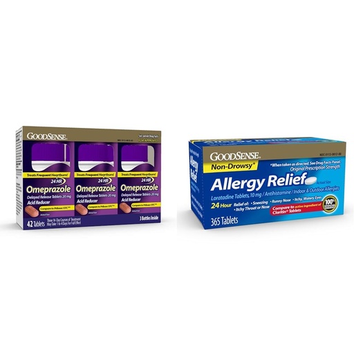 [BRSRAYYYB4FGMA3P] GoodSense Omeprazole Tablets 20mg 14 Count Pack of 3 & Loratadine Tablets 10mg 365 Count Allergy Relief Antihistamine
