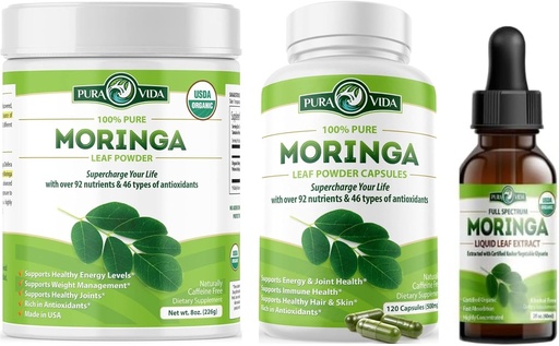 [BRSROZIFB56Q23QV] PURA VIDA MORINGA proszek 8 oz kapsułki (120 Hrabia) i Moringa Leaf ekstrakt krople (2fl oz)