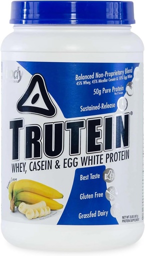 [BRSWI2QFCUOB4FDI] Body Nutrition Trutein High Protein Powder: 45% Whey, 45% Casein, 10% Egg White, Gluten-Free, Low Sodium, Grass Fed Whey Protein Powder, Gym Supplement & Breakfast Shake, Banana Cream, 2lb