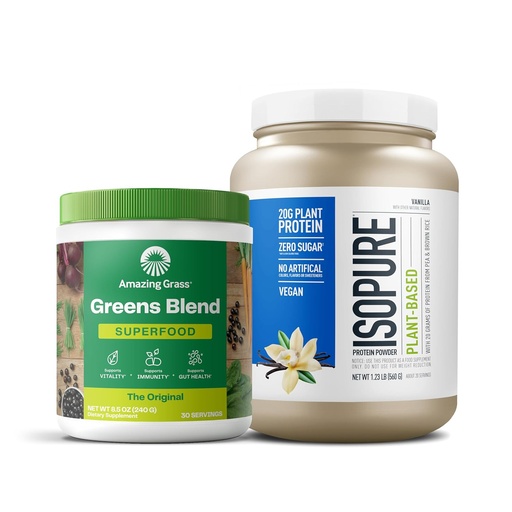 [BRSRAFL7BUGWOET2] Amazing Grass Greens Superfood Toz: Original, 30 Daxildir + Isopure Vanilla Vegan Protein Toz, Bitki əsaslı, Organic Pea Protein, Dairy Free, 20 Xidmət (Paket May Vary)