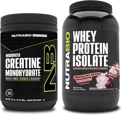 [BRSRAZ35DMIAOYLJ] NutraBio Creatine Monohydrate, Unflavored, 300g and Whey Protein Isolate, Chocolate Dipped Macaroon, Supplement Bundle - Muscle Energy, Lean Muscle Growth, Recovery, and Strength