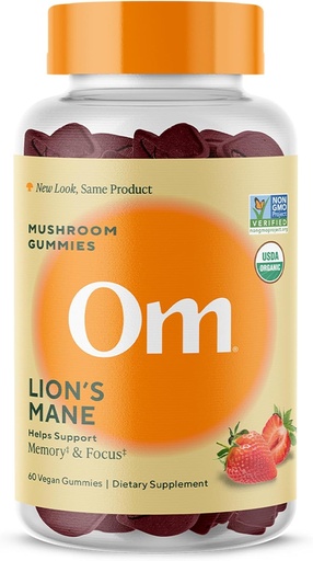 [BRSRMZI7BABROH3A] Om Lion 's Mane Mushroom Gummies - Organik Mushroom Suplemen dan Nootropic - Suplemen Otak untuk Memori dan Fokus, 60 Count (30 Pelayan)