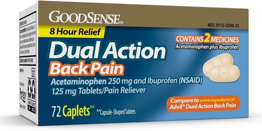 [BRSROHQLCMMR6F34] GoodSense Dual Action Acetaminophen ja Ibuprofeeni (NSAID) Tabletit, 250 mg/125 mg, selkäkipu, 72