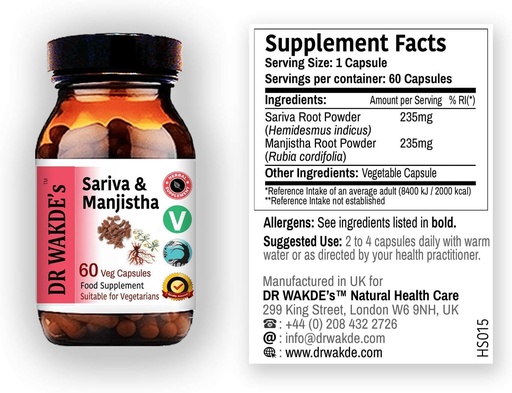 [BRSWIEIKOQAQAHDU] DR WAKDE'S Sariva &amp; Manjistha Capsules (60 Veg Caps, Detoxifying Herbs, Supports Healthy Skin, Ayurvedic Supplement, Vegan, Herbal, All Natural, Made in UK)