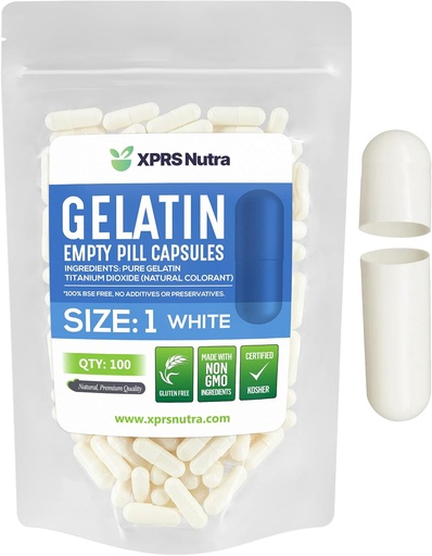 [BRSWYYDQAQHAIEY4] XPRS Nutra Size 1 Empty Capsules - 100 Count Empty Gelatin Capsules - Pill DIY Capsule Filling - Pure Bovine Pill Gel Caps for Do-It-Yourself Supplements (White)
